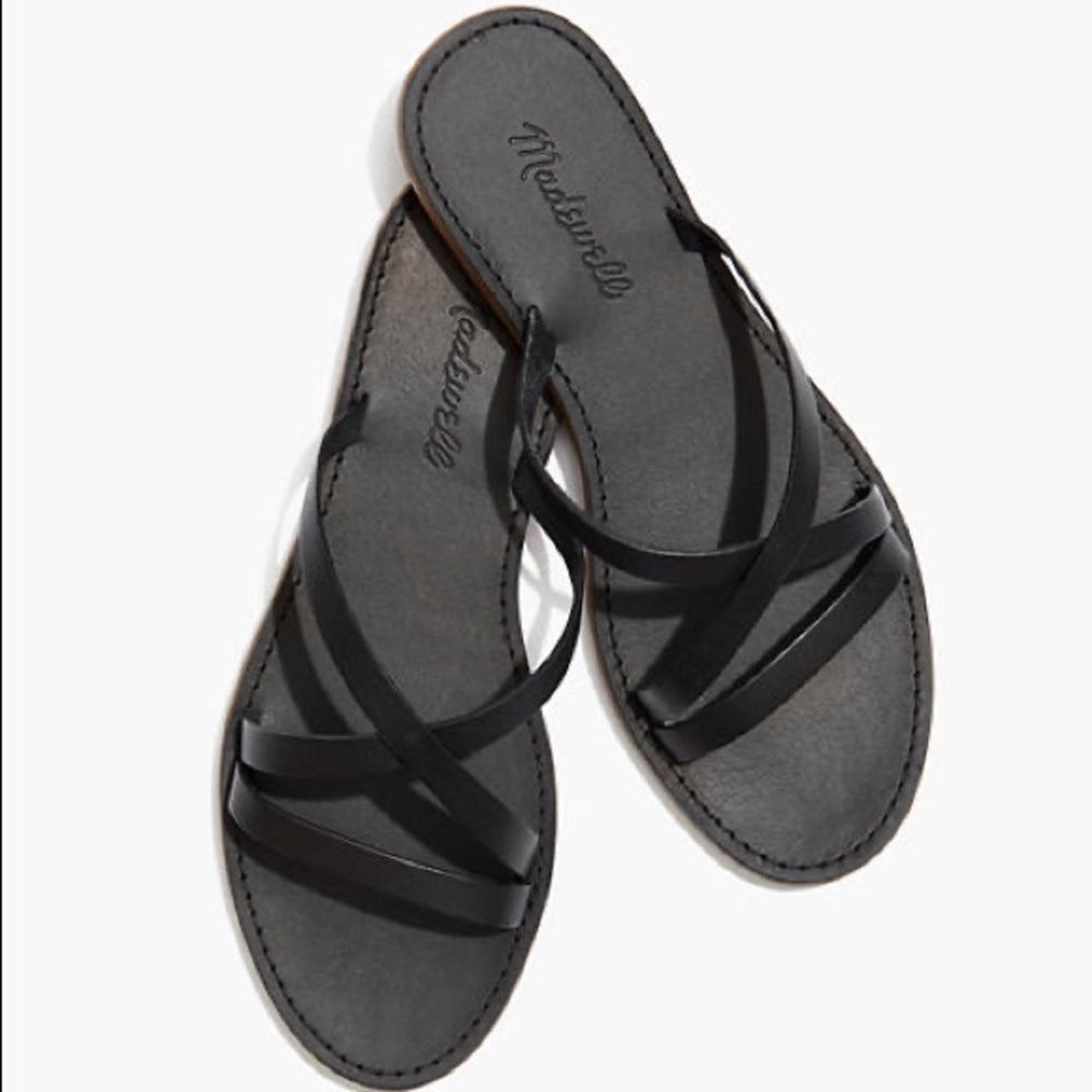 Madewell Boardwalk Black Leather Skinny Strap Slide Sandals Size 7